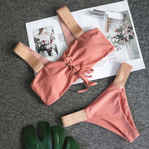 38# Ladies Swimsuit Ladies Fashion Sexy Buttonhole Double Layer Nylon Pink Shiny Stretch Bandage Split Swimsuit Swimsuit