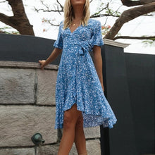 Load image into Gallery viewer, 38# Summer Beach Long Women Dresses Floral Print Boho Dress Sexy V-neck High Slit Bodycon Wrap Maxi Party Dress Ruffle Femme