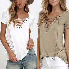 Load image into Gallery viewer, 6 Colors Trendy T-Shirt  V-neck Criss Cross Women T Shirt Summer Style Short Sleeve Tops Hollow Out Top femme top tee tshirt