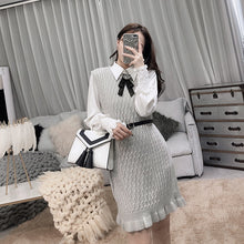 Load image into Gallery viewer, ALPHALMODA 2019 Spring Women's Graceful Knit Dress + Long-sleeved Shirt 2pcs Suits Bow Diamond Lattice Belted Tank Dress Sets