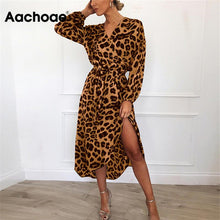 Load image into Gallery viewer, Aachoae Leopard Dress 2020 Women Vintage Long Beach Dress Loose Long Sleeve V-neck A-line Sexy Party Dress Vestidos de fiesta