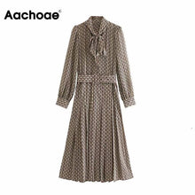 Load image into Gallery viewer, Aachoae Women Elegant Long Dress with Belt Chain Print Bow Tie Neck Office Lady Shirt Dress Long Sleeve Pleated Dress Vestidos