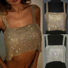 Load image into Gallery viewer, Adjustable Tees Club Women Party Tank Tops Metal Mesh Strap Sheath Draped Spark Diamonds Neck Halter Backless Sexy Pullover 2019