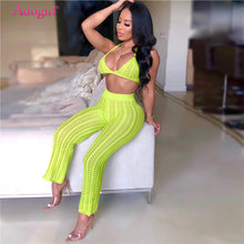Load image into Gallery viewer, Adogirl 2019 Summer Fishnet Knitted Two Piece Set Women Sexy See Through Night Club Suits Bra Top Pants Casual Beach Outfits