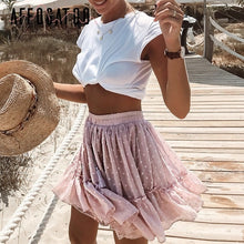 Load image into Gallery viewer, Affogatoo Casual polka dot ruffle summer pink skirt women A line high waist pleated short skirt Floral print chiffon beach skirt