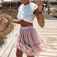 Load image into Gallery viewer, Affogatoo Casual polka dot ruffle summer pink skirt women A line high waist pleated short skirt Floral print chiffon beach skirt