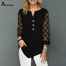 Load image into Gallery viewer, Aimsnug Plus Size 4xl 5xl Solid Black Tops V-neck Button splice Mesh Nine Points Sleeve Autumn New Casual Loose Women T-shirt