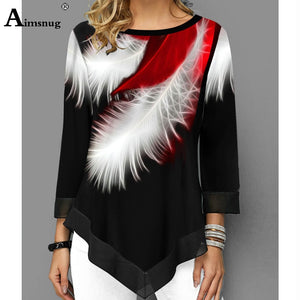 Aimsnug Plus size 4xl 5xl Women Summer Elegant Patchwork Tops Long Sleeve Round Neck Female T-Shirt Casual Loose Tee Shirt