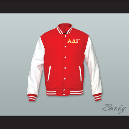 Alpha Delta Gamma Fraternity Red Wool and White Lab Leather Varsity Letterman Jacket