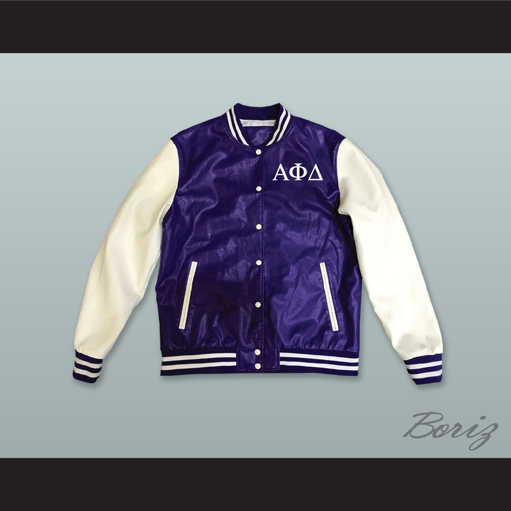 Alpha Phi Delta Fraternity Purple and White Lab Leather Varsity Letterman Jacket