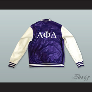 Alpha Phi Delta Fraternity Purple and White Lab Leather Varsity Letterman Jacket