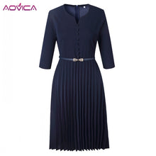 Load image into Gallery viewer, Aovica Special Design 2018 Popular Casual Style Women Dress Solid V-Neck 3/4 Sleeve Pleated Midi Dress Vestidos