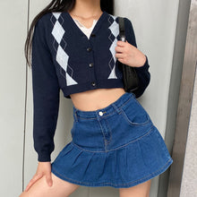 Load image into Gallery viewer, Argyle Plaid Vintage Crop Tops Cardigan Women Fashion Autumn Long Sleeve Knit Sweater Cardigan Y2k Ladies England Style Cardigan