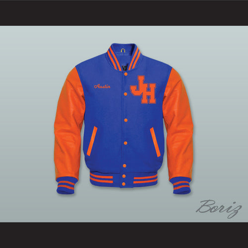 Austin John Hughes High School Royal Blue Wool and Orange Lab Leather Varsity Letterman Jacket