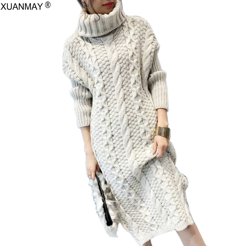 Autumn 2019 Long Style Knit High-collar Sweater Dress Fashion Pullover Sweater Loose Casual Rice White Thick Sweater Dress