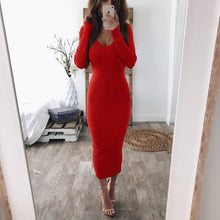 Load image into Gallery viewer, Autumn Knitted Bodycon Maxi Dress Casual Sexy V Neck Long Sleeve Women Elegant Winter Slim Fashion Long Dresses Thin Dress 2020