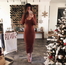 Load image into Gallery viewer, Autumn Knitted Bodycon Maxi Dress Casual Sexy V Neck Long Sleeve Women Elegant Winter Slim Fashion Long Dresses Thin Dress 2020