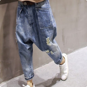 Autumn New Arrival Womens BF Style Drop-crotch Harem Denim Cowboy Carpenter Hole Ripped Jeans Loose Fit Long Pants