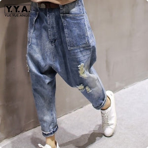 Autumn New Arrival Womens BF Style Drop-crotch Harem Denim Cowboy Carpenter Hole Ripped Jeans Loose Fit Long Pants