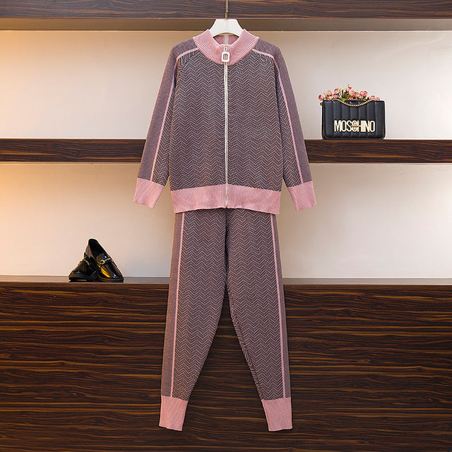 Autumn New Women Geometric Knitting Tracksuit Zipper Cardigans jacket+ Pants Female Winter Fashion Design 2pcs Sports Set