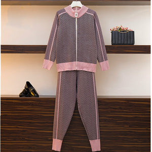 Autumn New Women Geometric Knitting Tracksuit Zipper Cardigans jacket+ Pants Female Winter Fashion Design 2pcs Sports Set