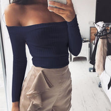 Load image into Gallery viewer, Autumn new 2019 off shoulder crop top t shirts hot sale long sleeve solid short t-shirts for women clothing fashion slim t-shirt