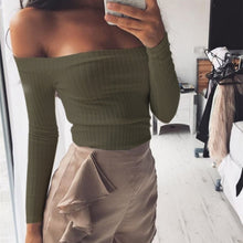 Load image into Gallery viewer, Autumn new 2019 off shoulder crop top t shirts hot sale long sleeve solid short t-shirts for women clothing fashion slim t-shirt