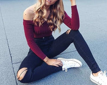 Load image into Gallery viewer, Autumn new 2019 off shoulder crop top t shirts hot sale long sleeve solid short t-shirts for women clothing fashion slim t-shirt