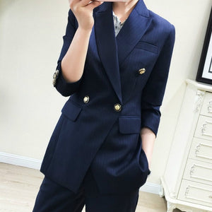 Autumn women's suits pants set high quality Temperament double-breasted striped suit jacket female Large size XL-5XL slim pants