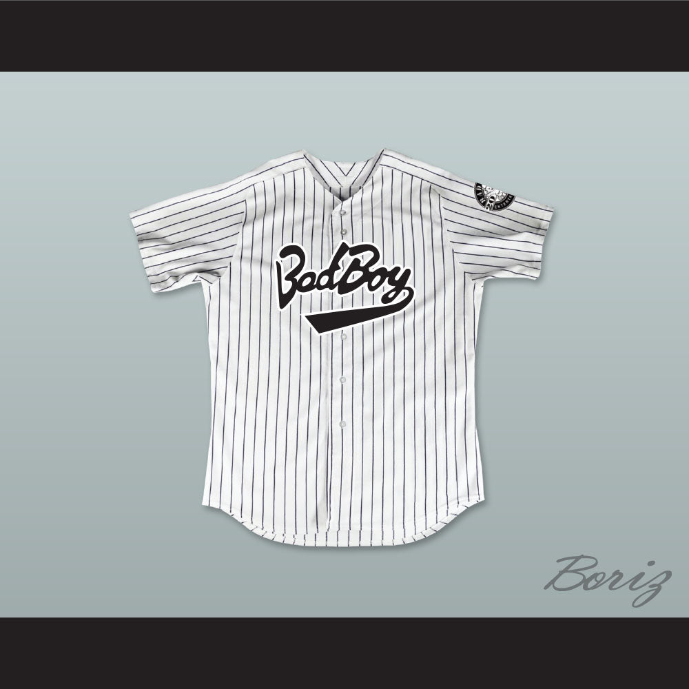 Biggie Smalls 10 Bad Boy Pinstriped Baseball Jersey with 20 Years Patch