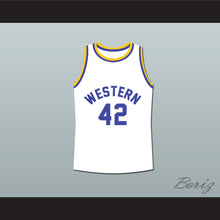 Load image into Gallery viewer, Matt Nover Ricky Roe 42 Western University White Basketball Jersey Blue Chips Movie