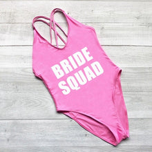 Load image into Gallery viewer, BRIDE SQUAD Women One Piece Swimsuit High Cut team bride swimwear Bathing Suit Black Monokini Bodysuit Beachwear Maillot De Bain