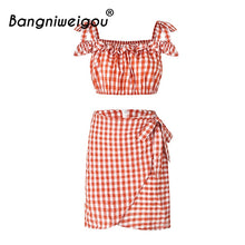 Load image into Gallery viewer, Bangniweigou Gingham Tops Dress Set Women Square Neck Spaghetti Strap Top Zip Up Bow Dress Plaid Two Pieces Crop Top Dress Sets
