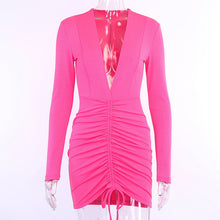 Load image into Gallery viewer, Bangniweigou Neon Pink Party Dress Women Elegant Deep V-collar Drawstring Bodycon Mini Autumn Dress Office Sheath Mujer