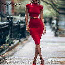 Load image into Gallery viewer, Bangniweigou O Neck Short Sleeve Bodycon Solid Sheath Women Elegant Midi Dress Autumn Winter Cozy Fabric Party Dress Red Yellow