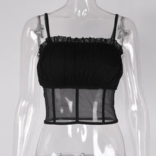 Load image into Gallery viewer, Bangniweiogu Spaghetti Strap Ruffle Crop Top Mesh Camisole Women Summer Pleat Sheer Short Tops Black Brandy Melville Bustier Top