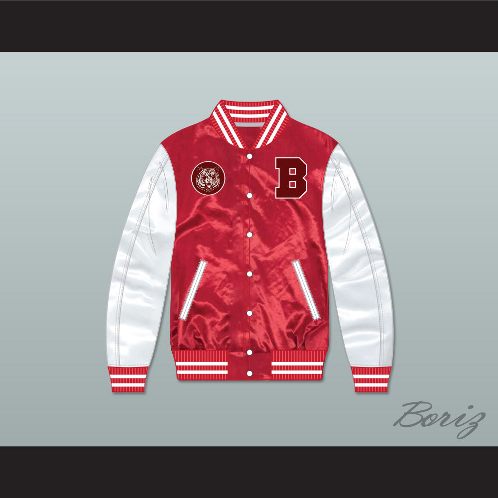 Bayside Tigers Red/ White Varsity Letterman Satin Bomber Jacket