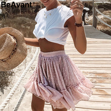Load image into Gallery viewer, BeAvant Boho summer pleated mini skirts womens High waist polka dot short skirt pink A line floral printed ruffle chiffon skirts