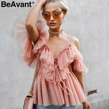 Load image into Gallery viewer, BeAvant Off shoulder womens tops and blouses summer 2019 Backless sexy peplum top female Vintage ruffle mesh blouse shirt blusas