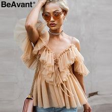 Load image into Gallery viewer, BeAvant Off shoulder womens tops and blouses summer 2019 Backless sexy peplum top female Vintage ruffle mesh blouse shirt blusas