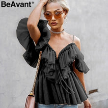 Load image into Gallery viewer, BeAvant Off shoulder womens tops and blouses summer 2019 Backless sexy peplum top female Vintage ruffle mesh blouse shirt blusas