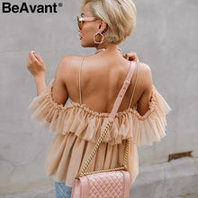 Load image into Gallery viewer, BeAvant Off shoulder womens tops and blouses summer 2019 Backless sexy peplum top female Vintage ruffle mesh blouse shirt blusas