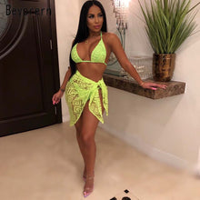Load image into Gallery viewer, Beyprern Sexy See Through Neon Florence's Beach Set Three Piece Outwears Fashion Tie Front Mesh Beach Suits Beach Wear Wholesale