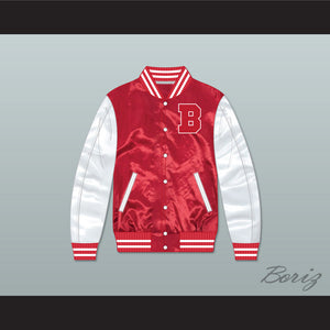 Justin Bieber Believe Red/ White Varsity Letterman Satin Bomber Jacket