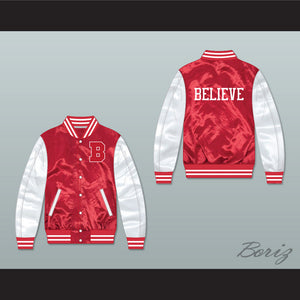 Justin Bieber Believe Red/ White Varsity Letterman Satin Bomber Jacket