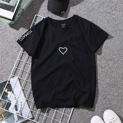 Bigsweety Couples Lovers Embroidery Shirt For girl Women Love Heart Letter TOMATO Print T-Shirt Casual White Tops Tshirt New