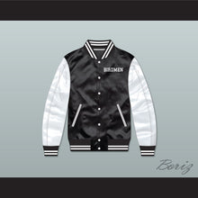 Load image into Gallery viewer, Birdmen Tournament Shoot Out Black/ White Varsity Letterman Satin Bomber Jacket