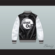 Load image into Gallery viewer, Birdmen Tournament Shoot Out Black/ White Varsity Letterman Satin Bomber Jacket