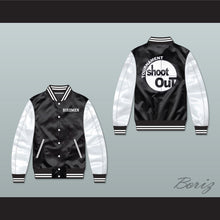Load image into Gallery viewer, Birdmen Tournament Shoot Out Black/ White Varsity Letterman Satin Bomber Jacket