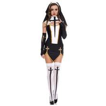 Load image into Gallery viewer, Black White Sexy Nun Sister Costume Virgin Mary Nuns Costumes Adult Women Halloween Cosplay Party Dress+Hood+Gloves+Stockings